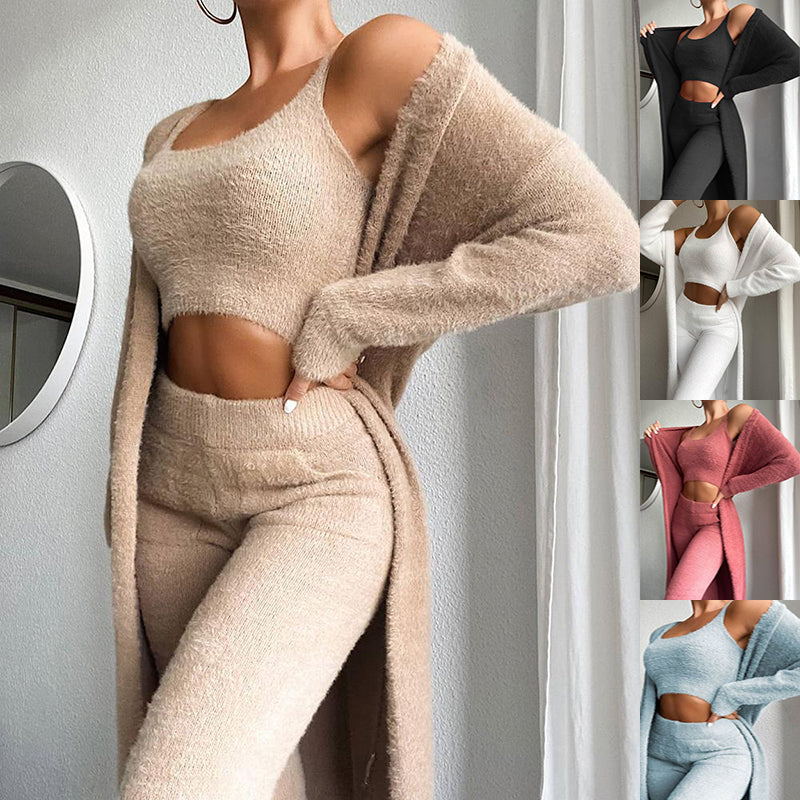 3pcs Solid Fluffy Plain Crop Top, Skinny Pants & Longline Coat